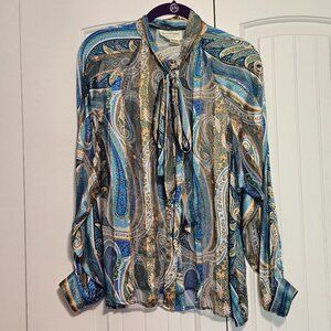 Vintage The Silk‎ Farm Paisley Silk Blouse Gold Metallic Thread Bow Size 8